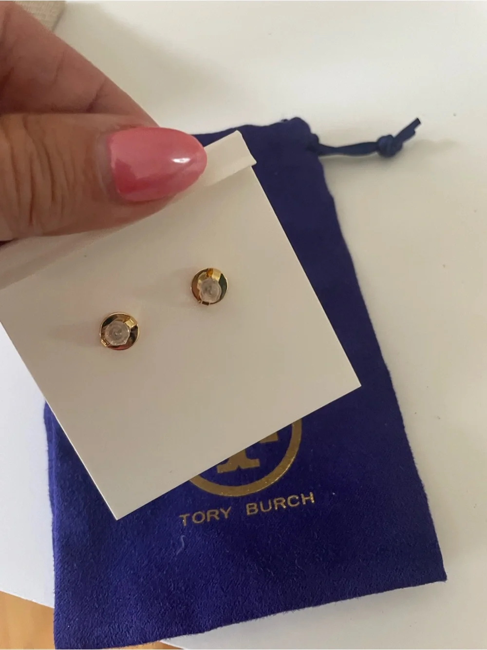 Tory Burch Gold Logo Drop Earrings with White Pearl Drops